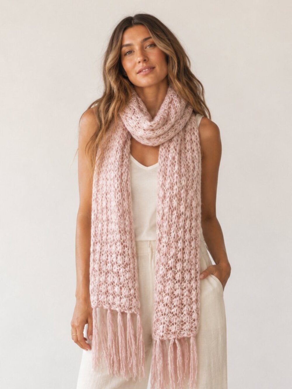 Dusty Pink Long Chunky Scarf Fringe Edges Gold Lurex NWOT
